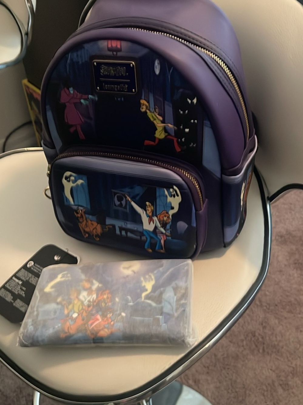 Loungefly Purple Scooby-Doo Mini Backpack  and wallet with Ghost Scene
